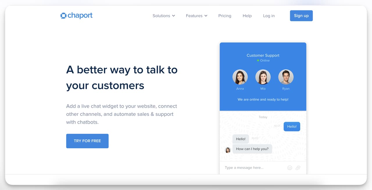 Chaport live chat homepage showing real-time support agents and free trial offer for ecommerce chat integration