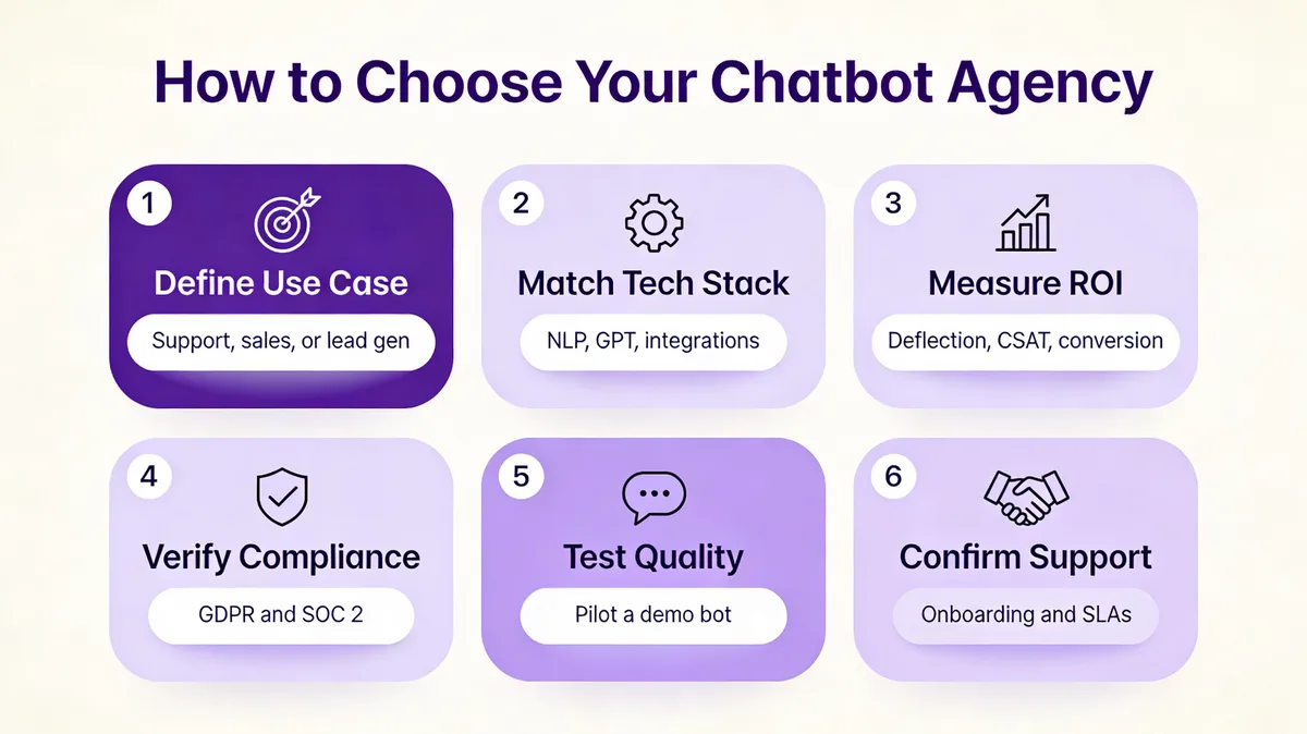 Chatbot agency decision framework infographic covering use case, tech stack, ROI, compliance, quality, and support