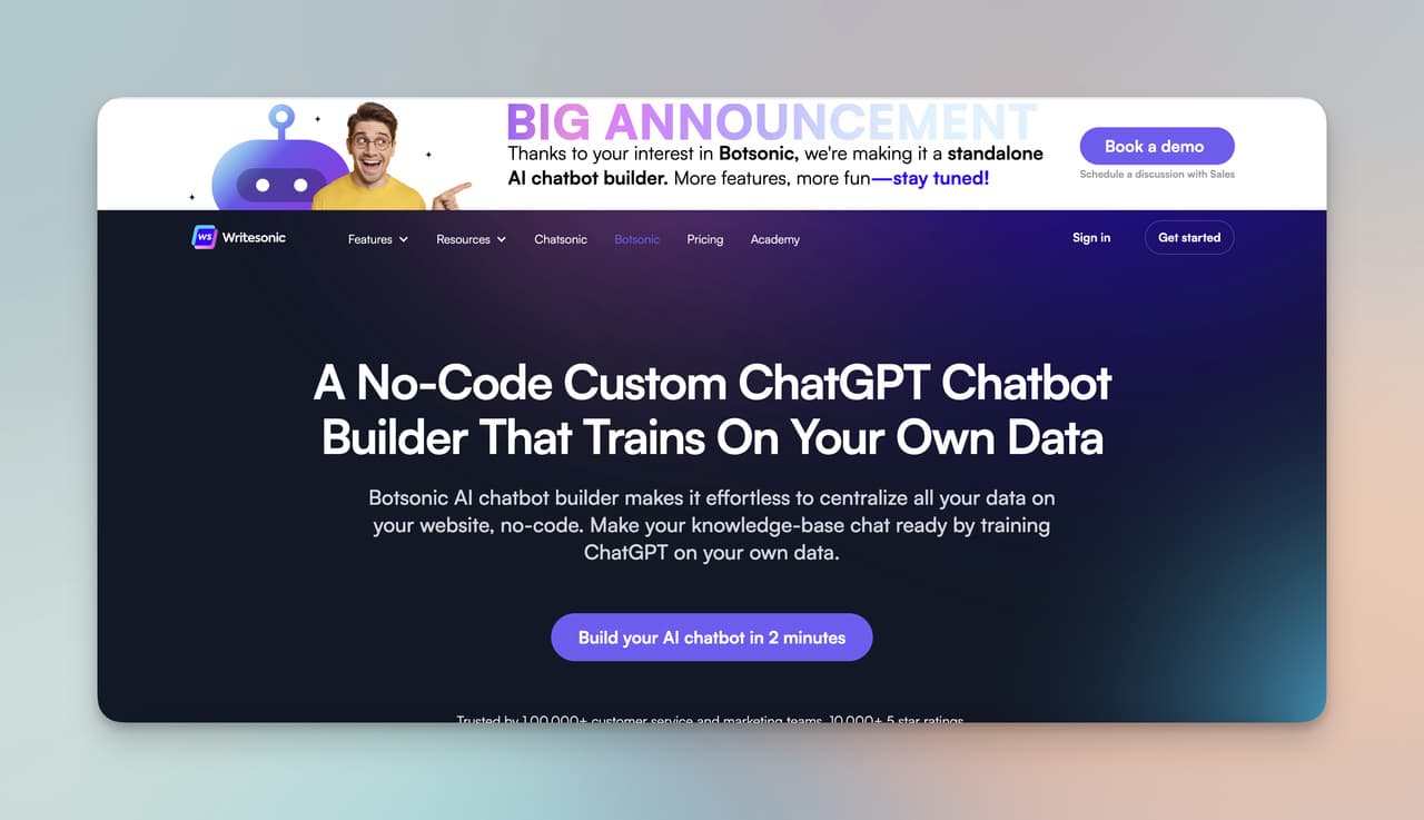 the page of Botsonic which is a product of Writesonic