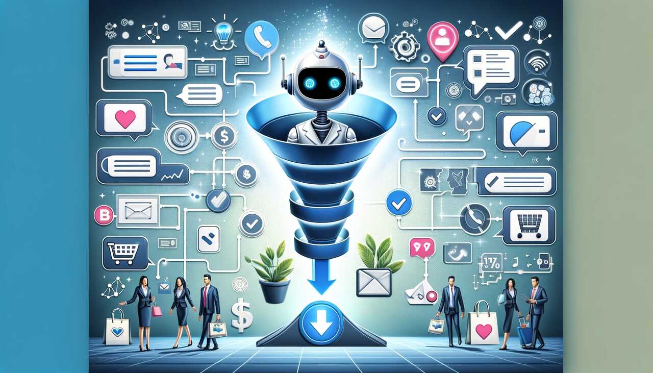 Conceptual illustration of an AI chatbot guiding a visitor through the lead conversion funnel