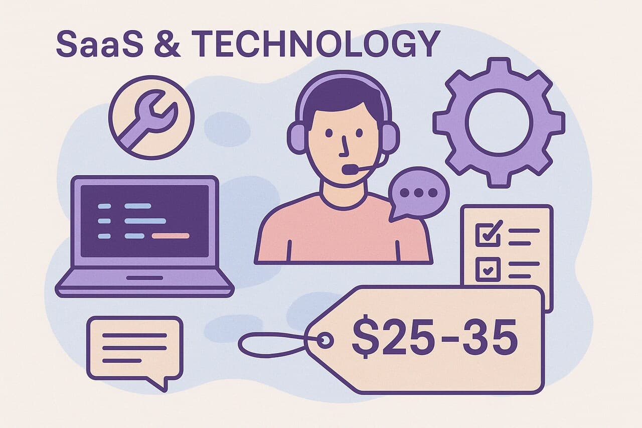 Pastel design showing SaaS and technology support with engineer headset, laptop code screen, gear icon, and price tag reading $25–$35 per ticket.