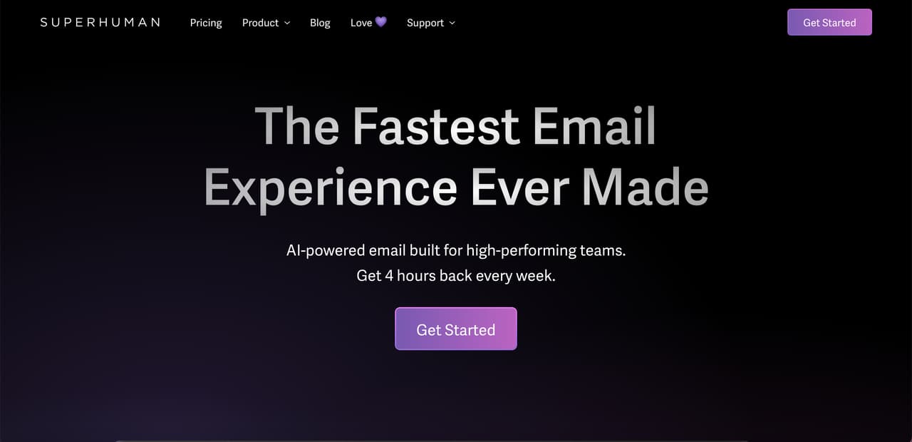 the homepage of Superhuman which is an email management platform