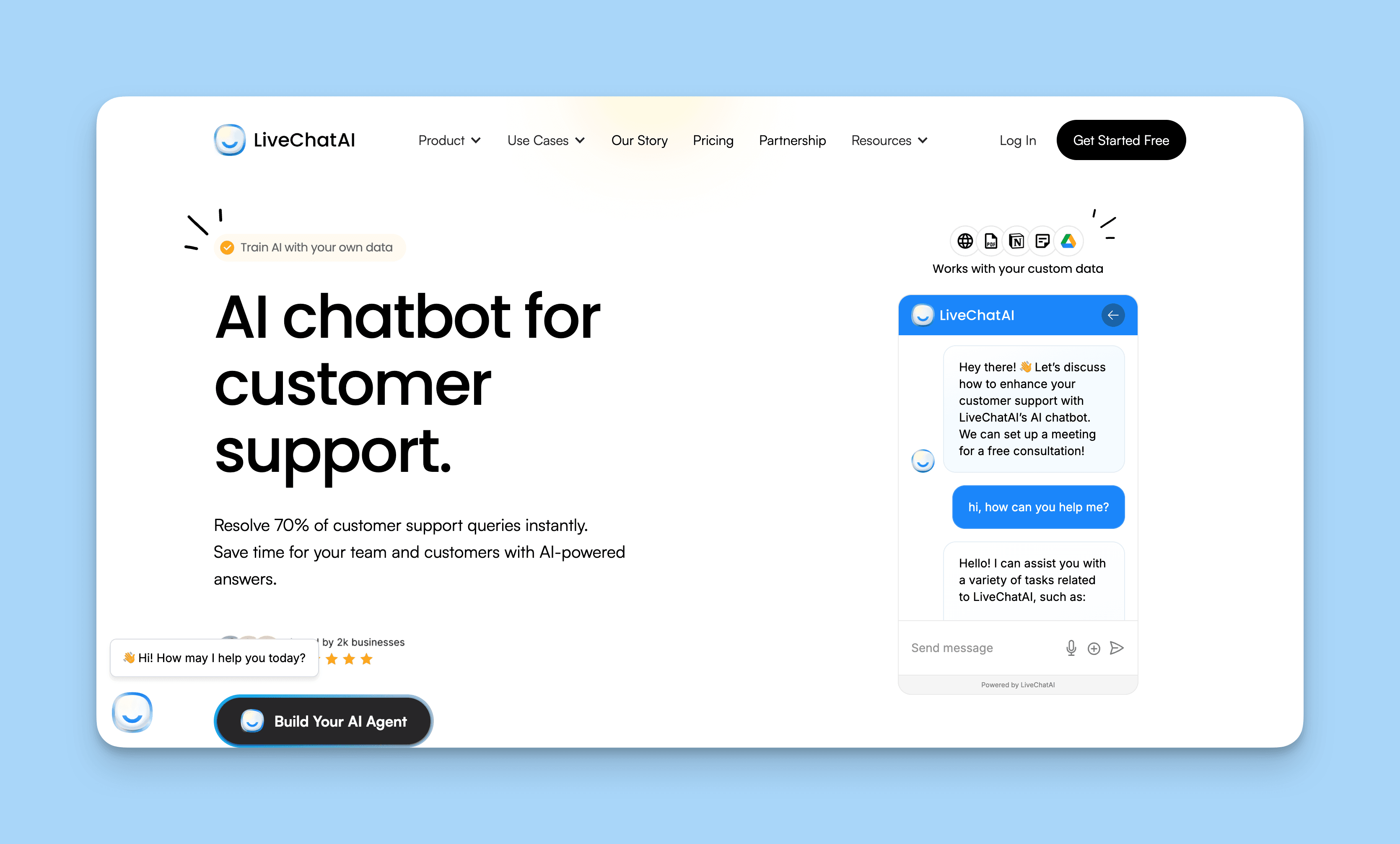 LiveChatAI customer support chatbot interface example with answer attribution and source citations