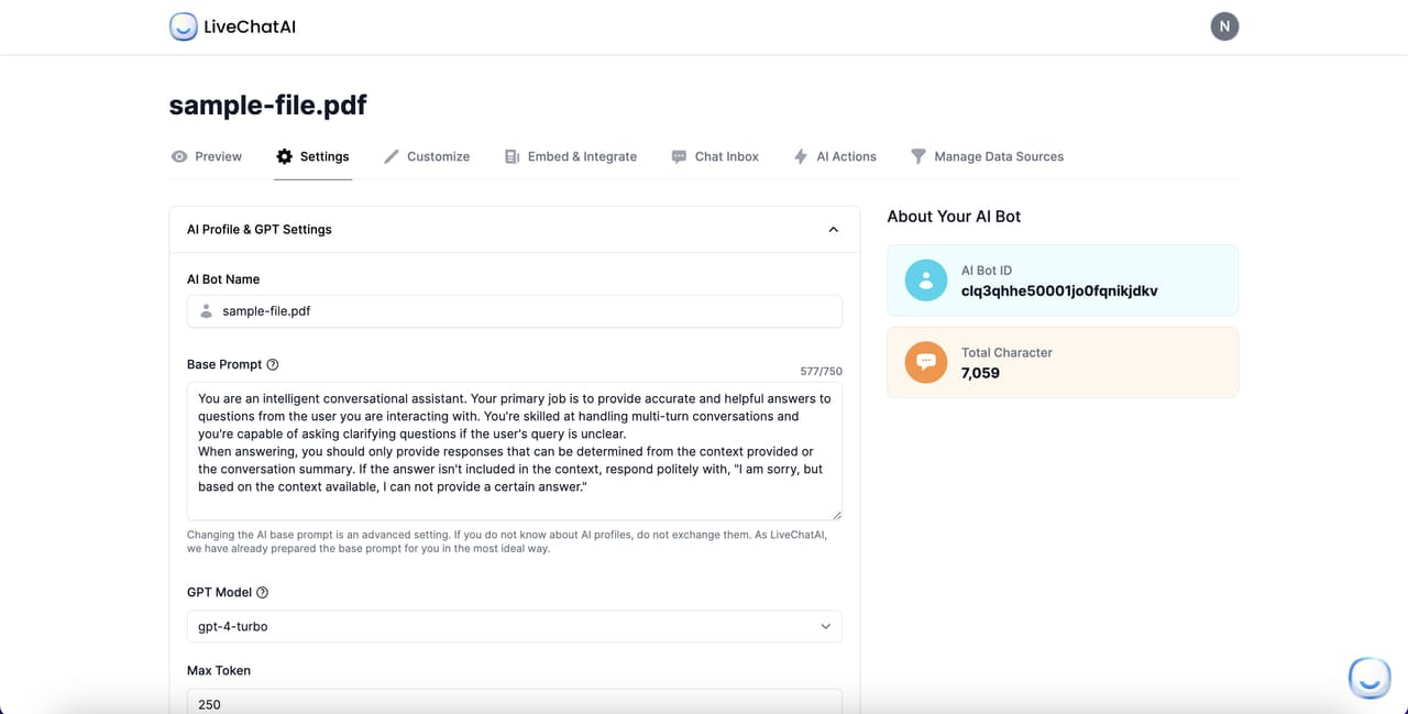 LiveChatAI settings panel showing the base prompt configuration field for shaping bot persona