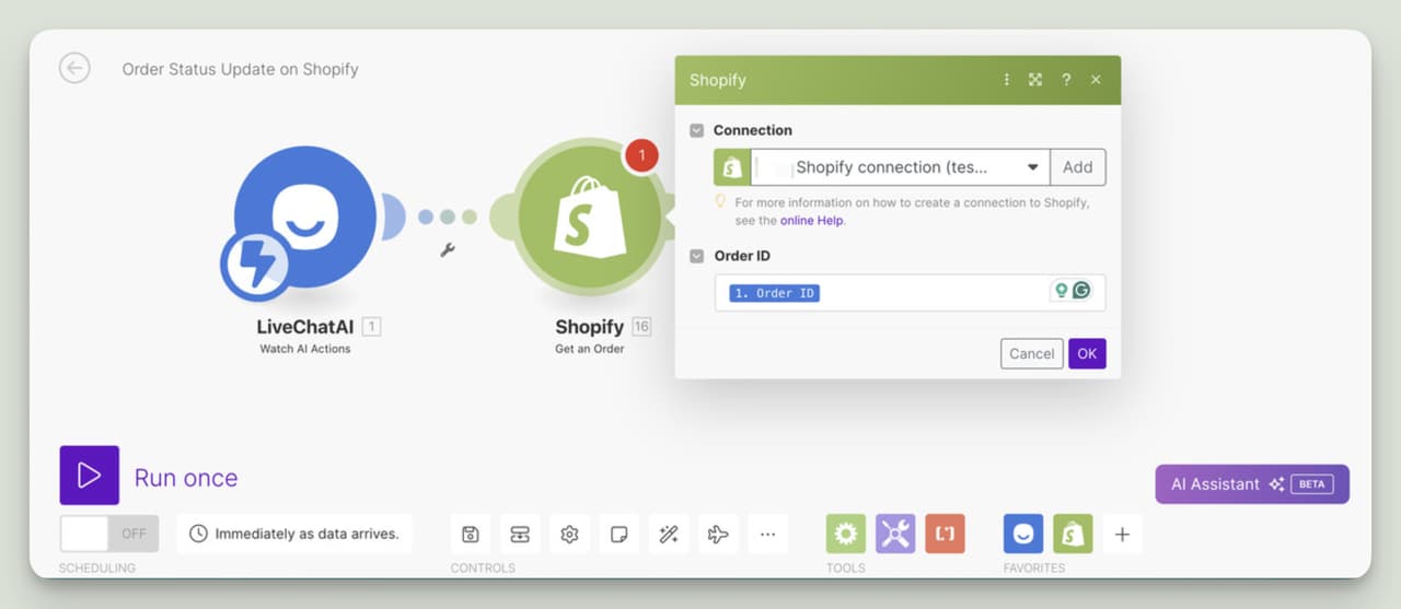 Connect Shopify store to Make.com scenario and link the Order ID input from LiveChatAI for automated order retrieval.