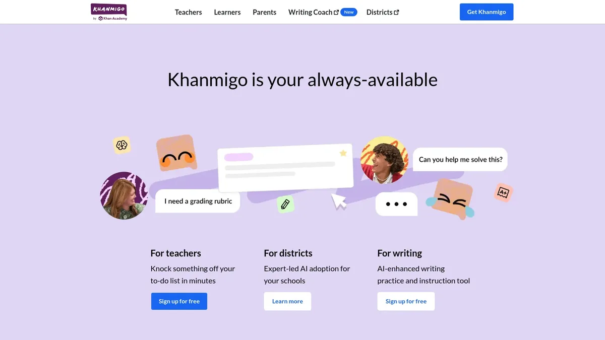 Khanmigo homepage by Khan Academy with the Khanmigo is your always-available tutor and teacher tagline