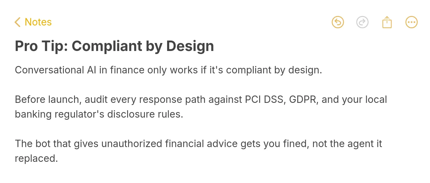 Apple Notes style pro tip: conversational AI in finance only works if it is compliant by design