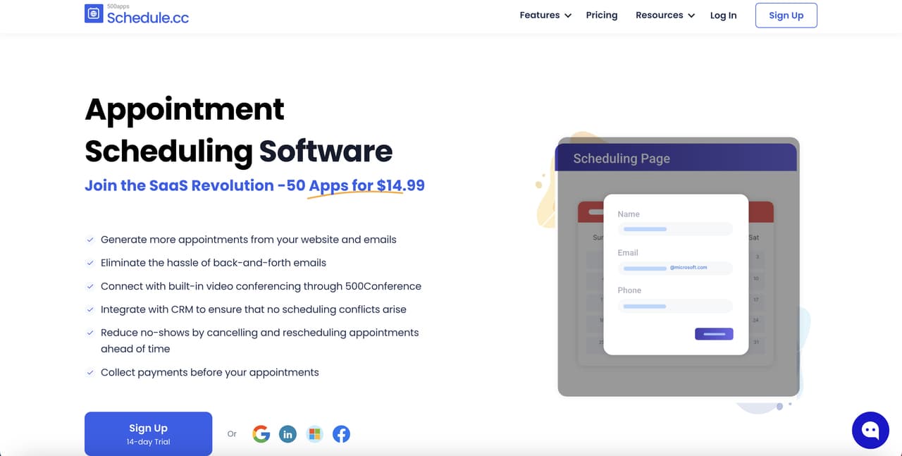 the homepage of Schedule CC with features to sign up