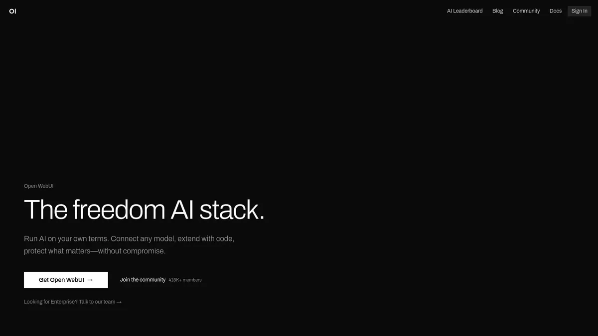 Open WebUI homepage presenting the self-hosted freedom AI stack for running open-source models