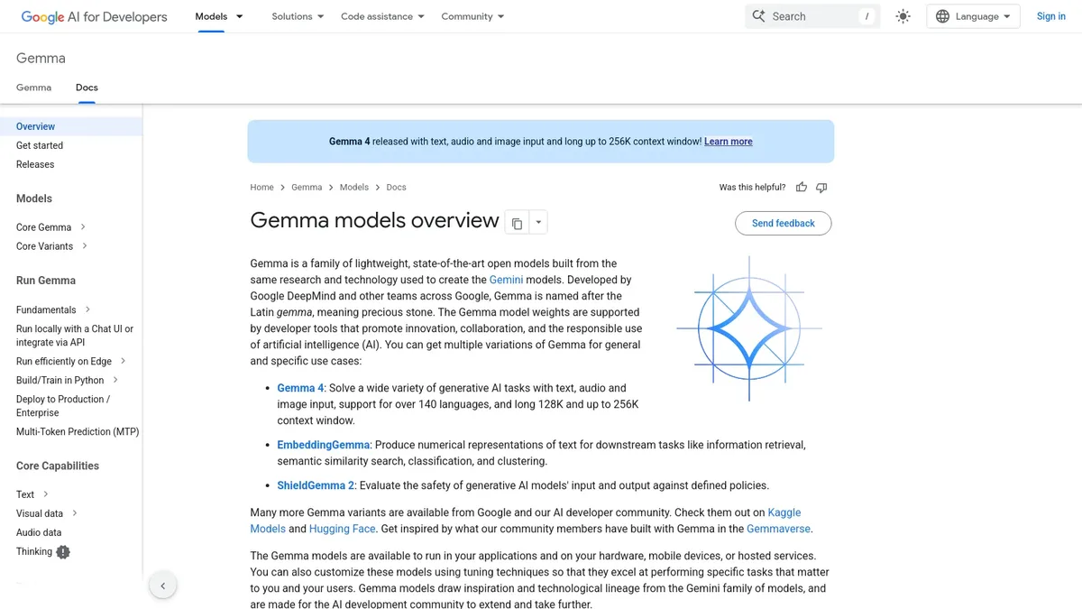 Google AI for Developers Gemma documentation page describing the open Gemma model family