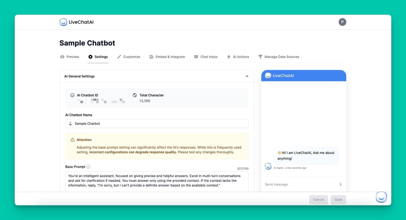 LiveChatAI settings panel for configuring chatbot model, name and qualifying questions