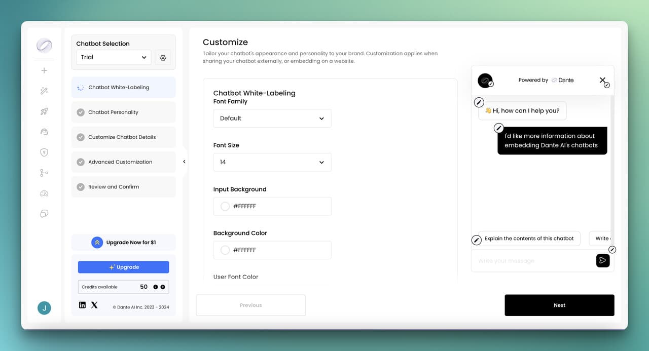 the customize section on Dante AI