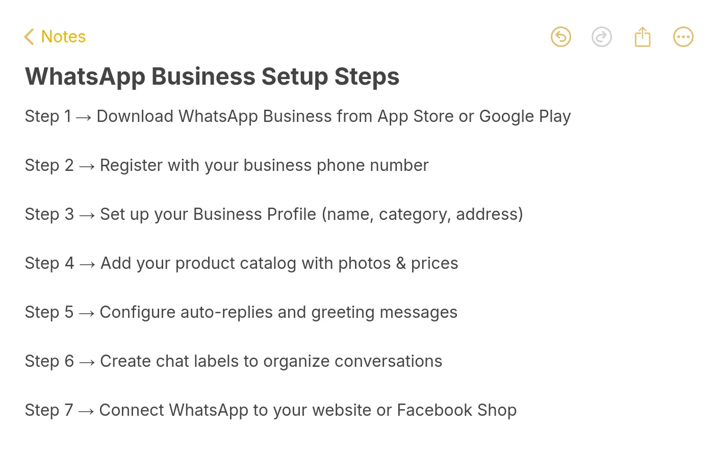 note showing seven WhatsApp Business setup steps from downloading the app to connecting with Facebook Shop