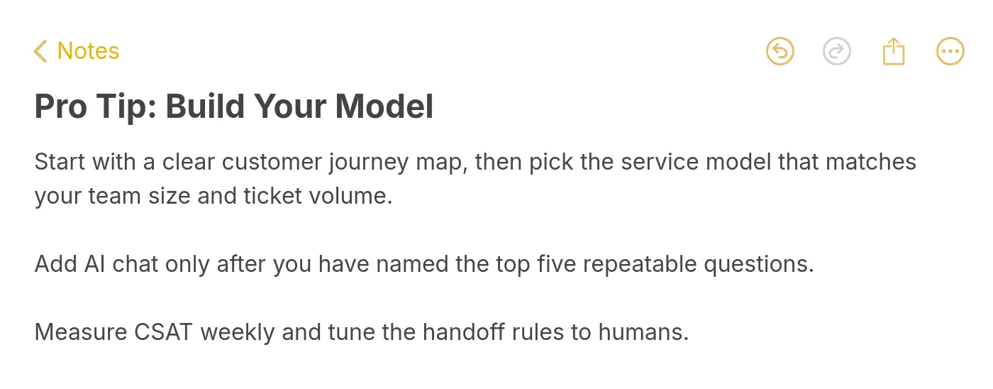 Apple Notes style pro tip card summarizing how to build a customer service model.