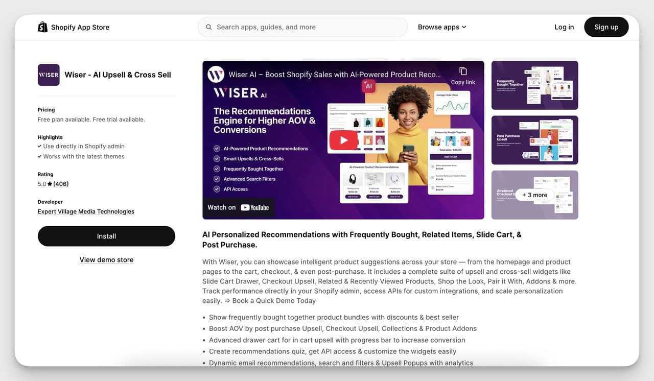 Shopify Product Recommendation App - Wiser AI Upsell & Cross Sell interface showing AI-powered product recommendations, frequently bought together bundles, and upsell widgets for higher AOV.