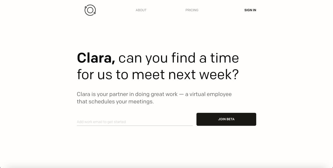 the homepage of Clara asking for work email address to get started