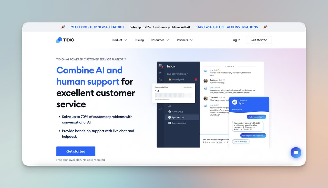 Tidio homepage showing the live chat and AI chatbot hybrid platform