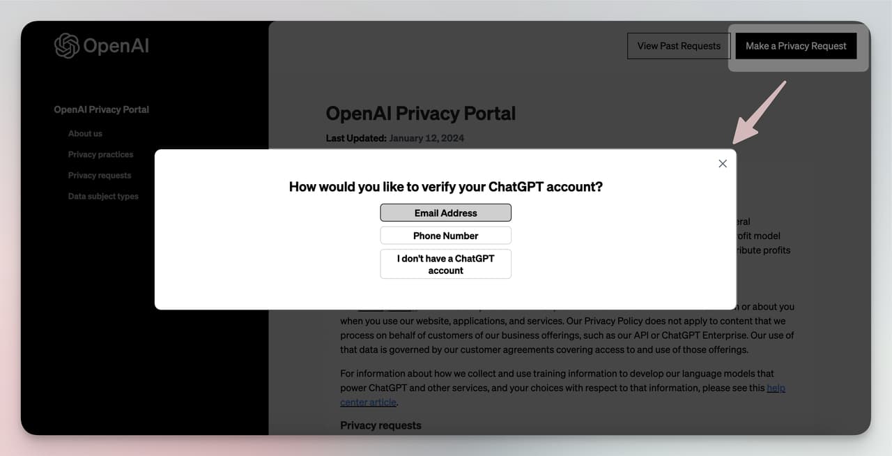 OpenAI Privacy Portal screen with the Make a Privacy Request button highlighted, allowing users to request data deletion or stop processing their information.
