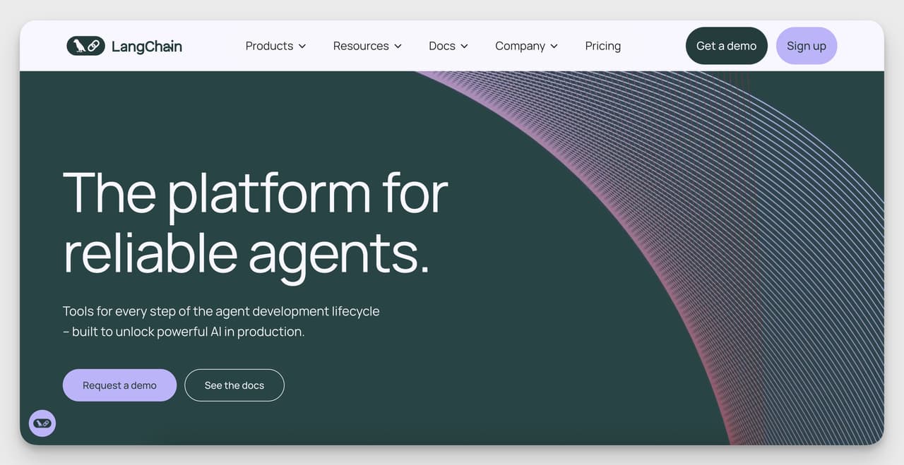 LangChain homepage showcasing its platform for building reliable AI agents with powerful integrations and open-source flexibility.