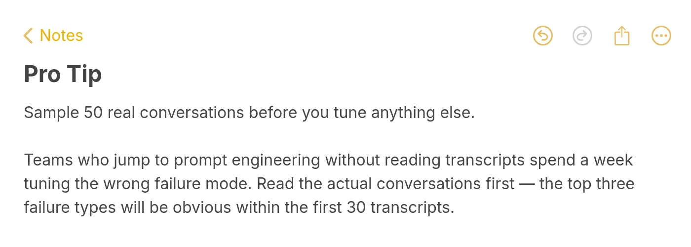 Pro tip note explaining that you should sample 50 real chatbot conversations before tuning anything else so the actual top failure modes show themselves
