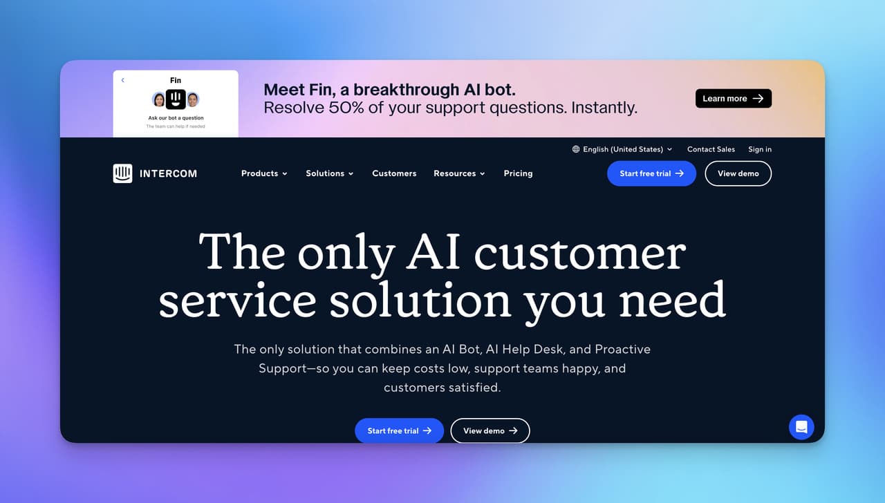 the homepage of Intercom with a striking explanation