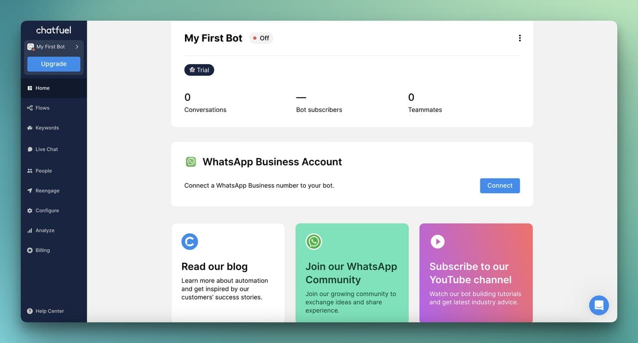 Chatfuel dashboard showing conversation flow builder and analytics
