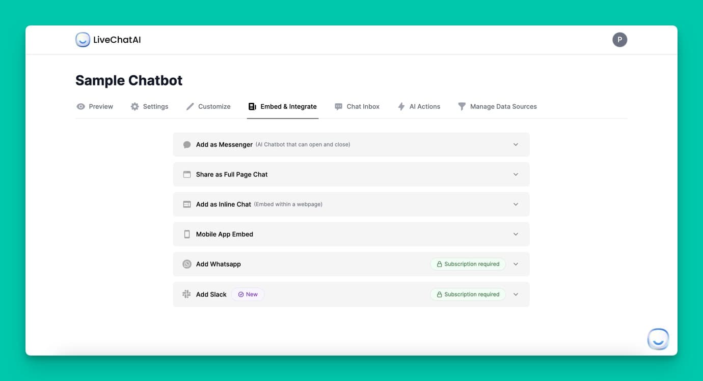 Embed and integrate tab on LiveChatAI showing the script tag and integration options for adding the chatbot to your website