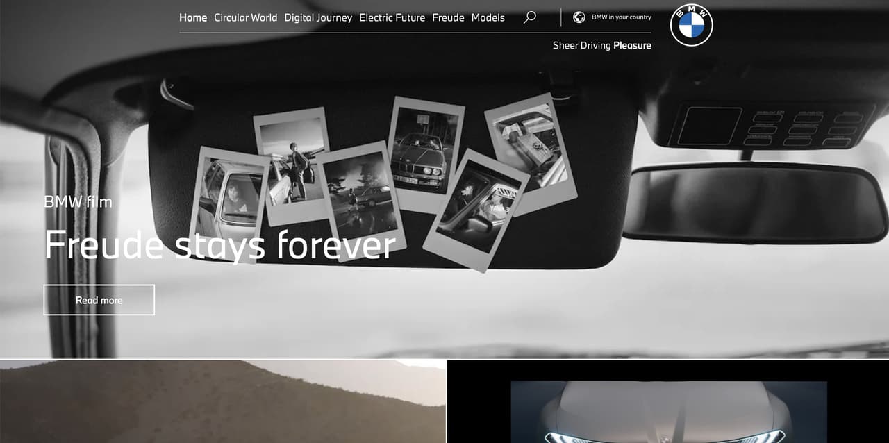 BMW website with white and black theme showcasing WhatsApp chatbot for vehicle service booking test drives and dealership connections