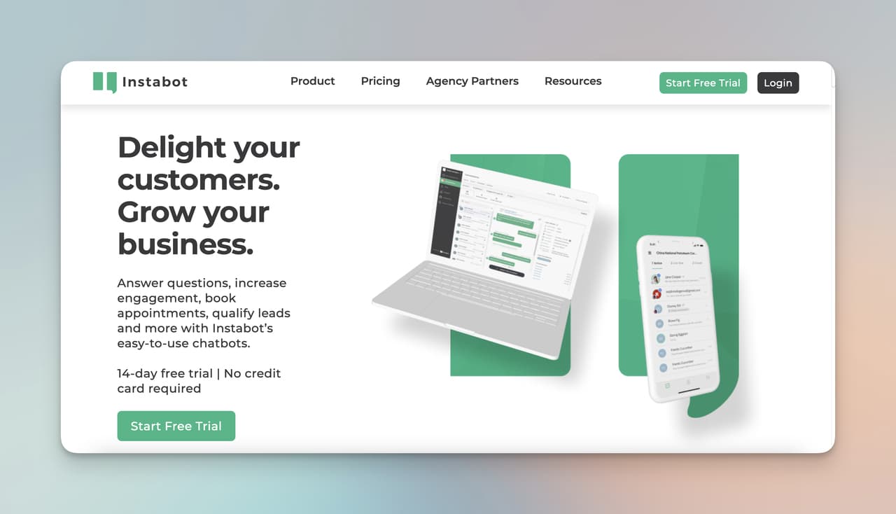 Instabot homepage with green tones showing the affordable AI chatbot platform