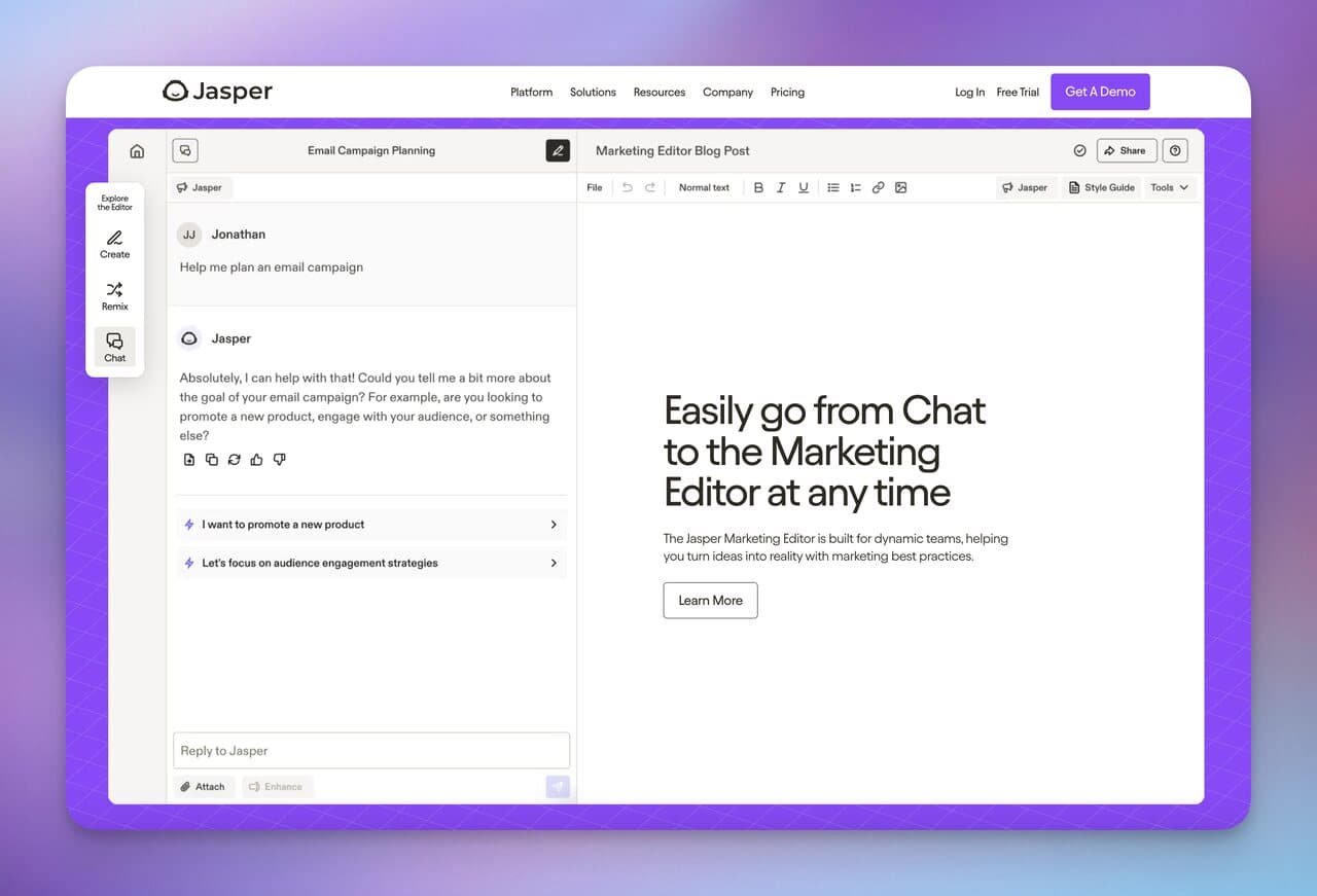 Jasper AI Chat dashboard