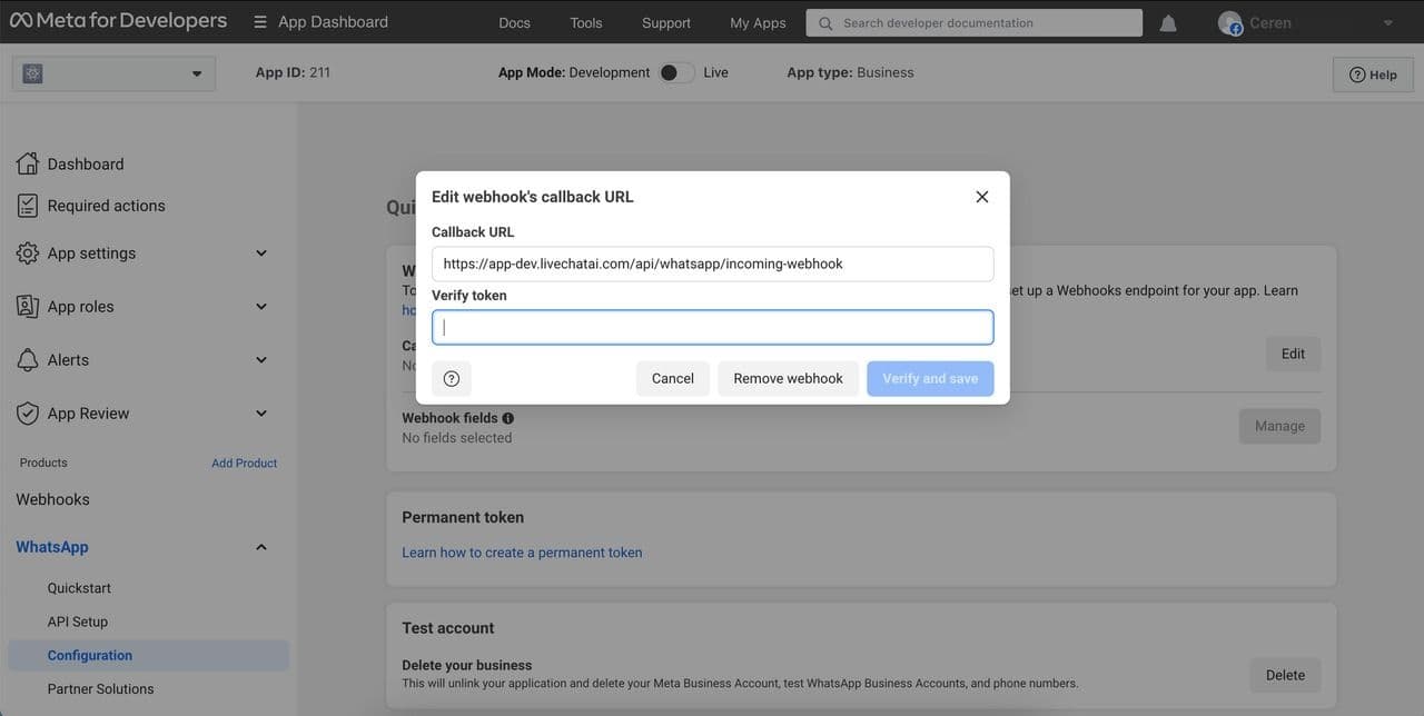 Verify token on Meta for Developers