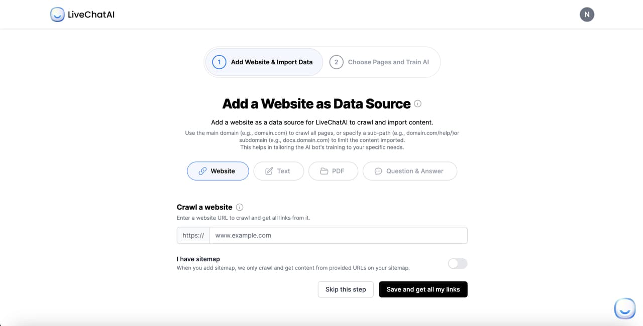LiveChatAI knowledge base screen showing how to add a data source