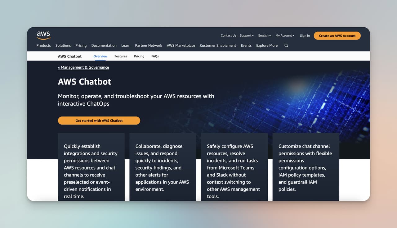 AWS Chatbot product page showing the Amazon Web Services chatbot integration