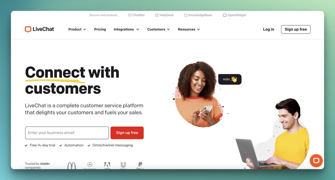 LiveChat homepage showing omnichannel customer service platform with chat and chatbot features