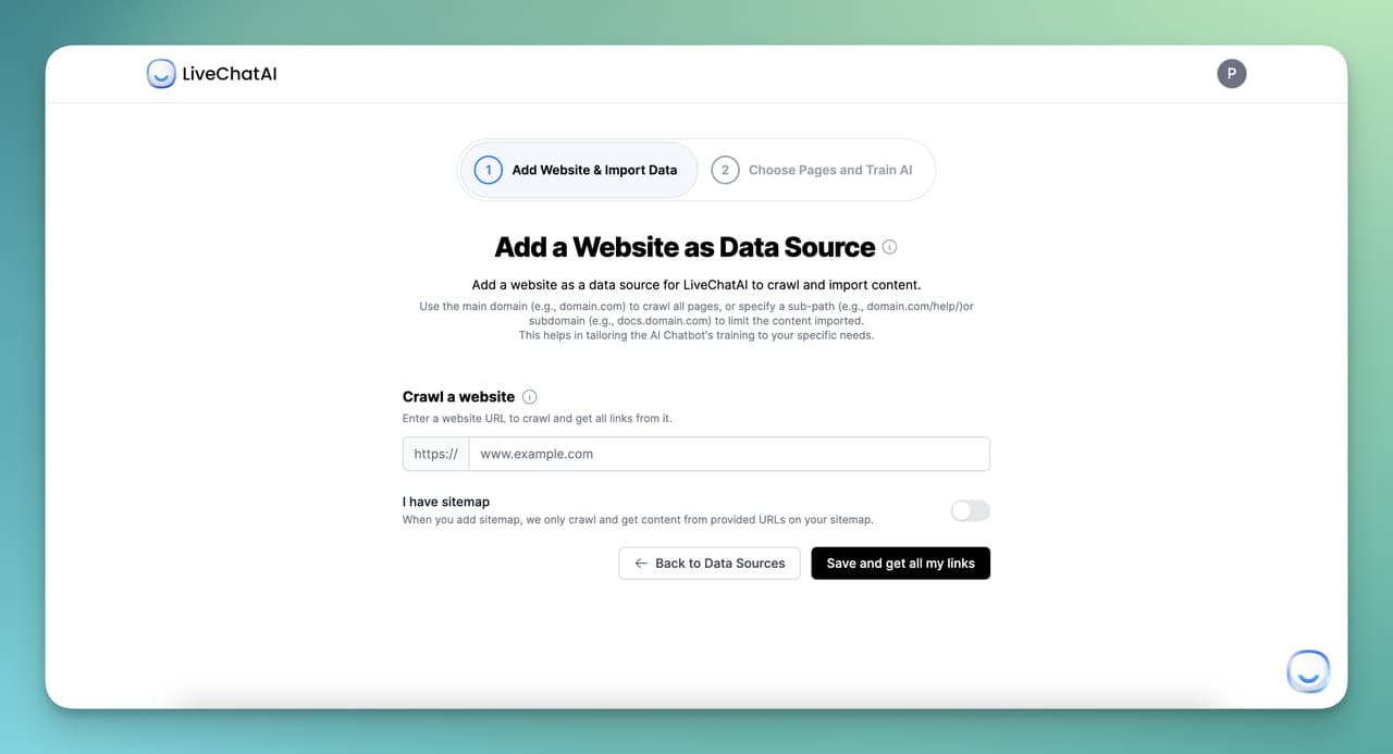 adding website as data source for LiveChatAI AI chatbot creation