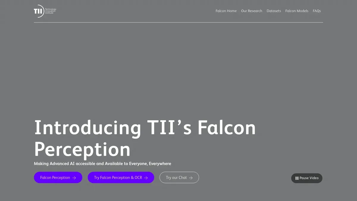 Falcon homepage by Technology Innovation Institute introducing the Falcon open-source LLM family