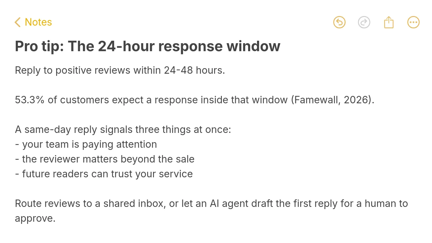 Apple Notes style image with a pro tip that 53 percent of customers expect a review reply within 24 to 48 hours