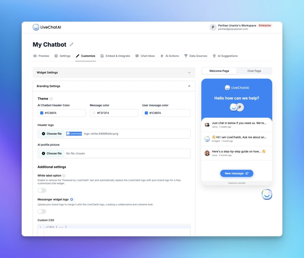 Customization step inside LiveChatAI letting businesses personalize chatbot branding