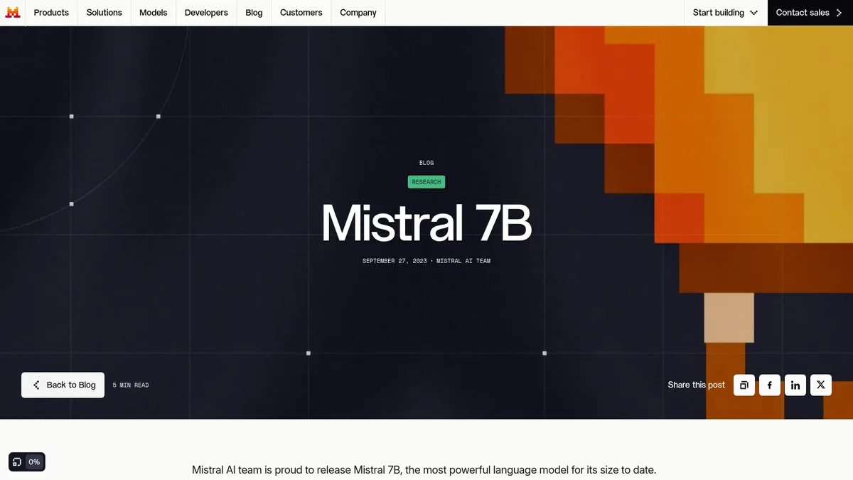 Mistral 7B announcement page from Mistral AI introducing one of its open-source LLMs