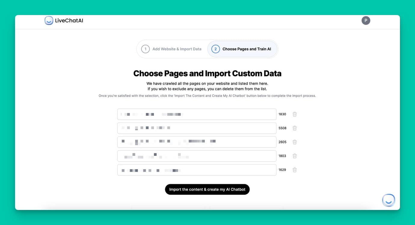 choosing page on LiveChatAI