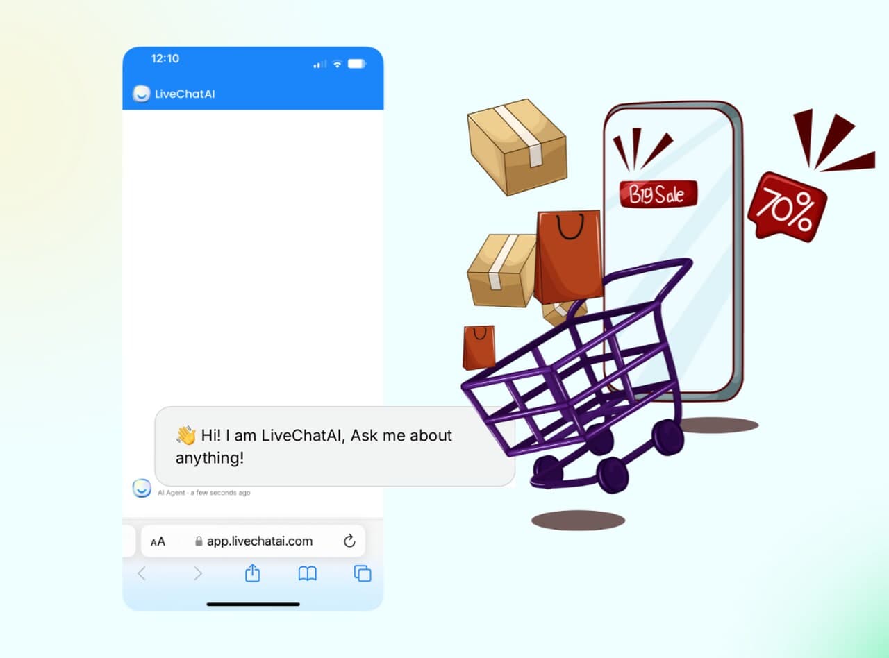 Illustration showing an ecommerce chatbot conversation assisting an online shopper across product, cart, and support