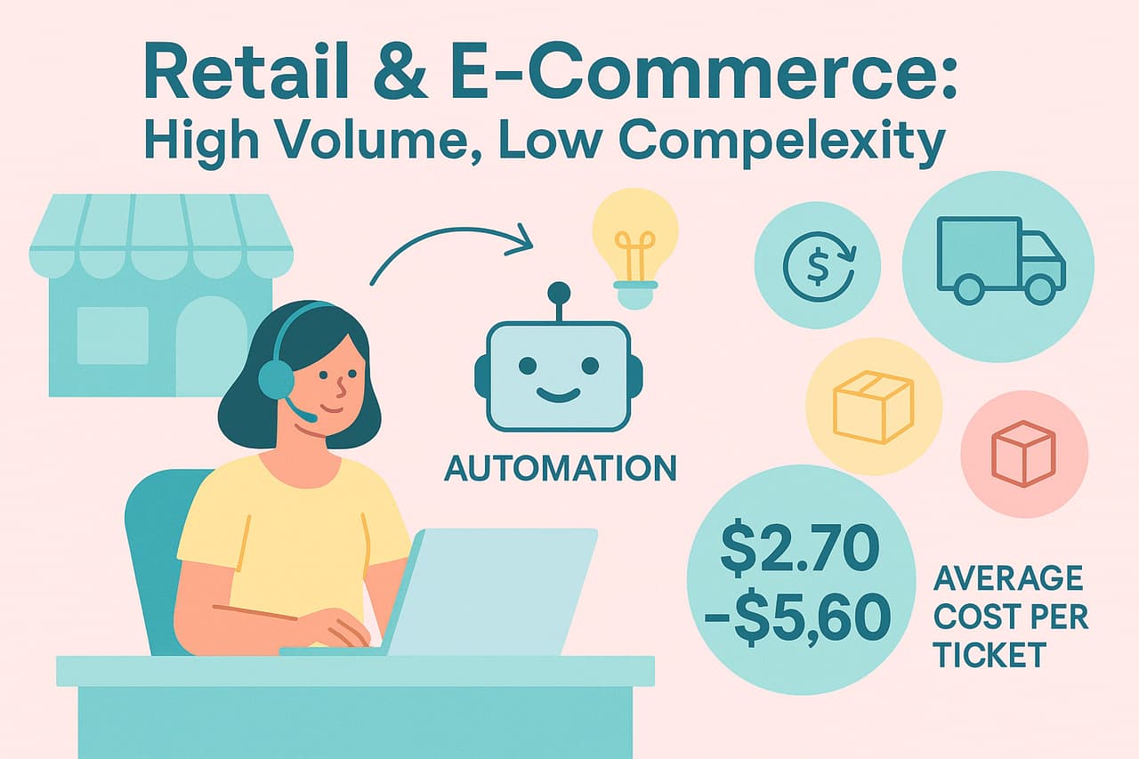 Pastel infographic representing retail and e-commerce customer support automation with a headset agent, robot icon, delivery symbols, and $2.70–$5.60 average cost per ticket.