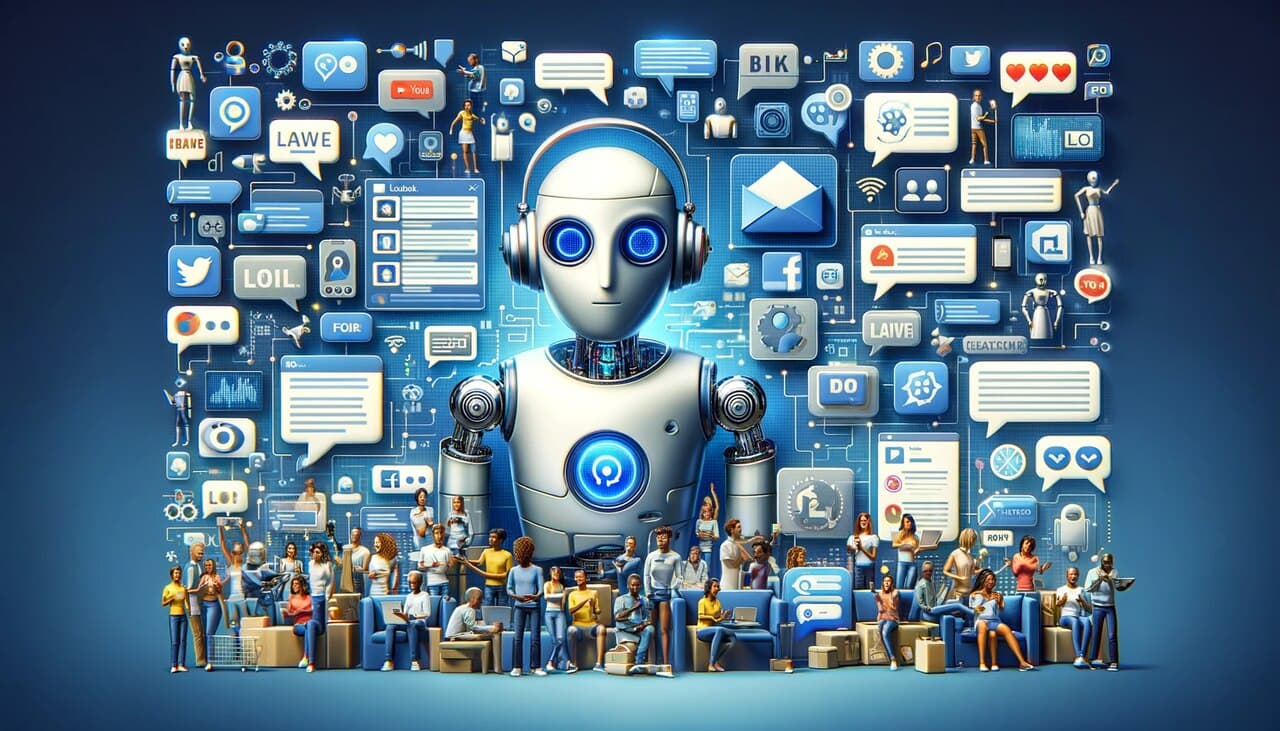 the representation of an AI social media chatbot combined with a society with figures