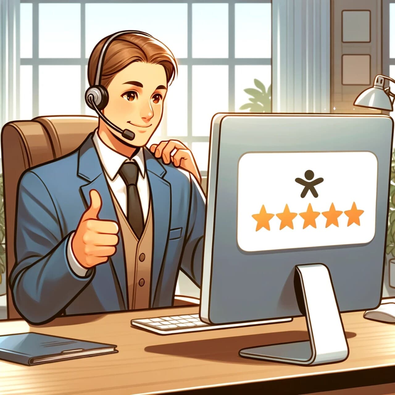 Customer service agent giving thumbs up to a screen showing a five-star review response