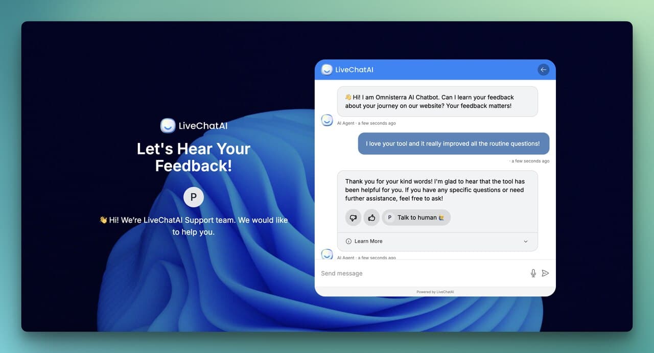 an AI chatbot gathering feedback with LiveChatAI