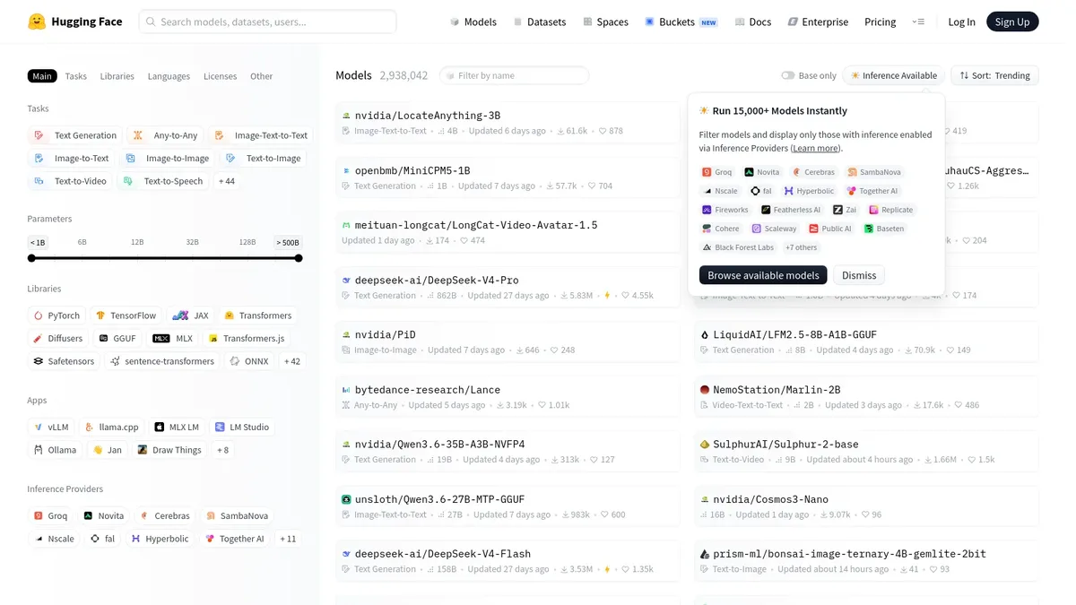 Hugging Face models hub page listing thousands of open-source LLMs filtered by task and library