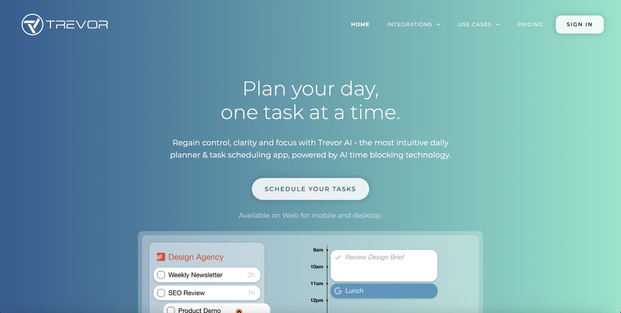 the homepage of Trevor on a blue and green gradient