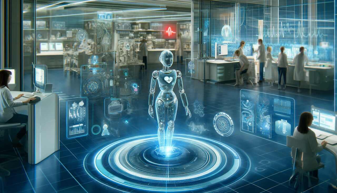 Healthcare AI chatbot shown at the center of a modern hospital environment
