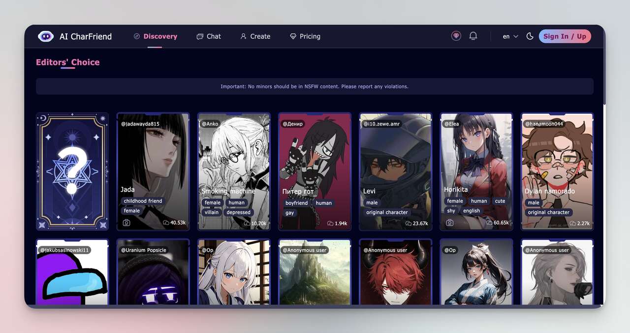 the homepage of CharFriend AI