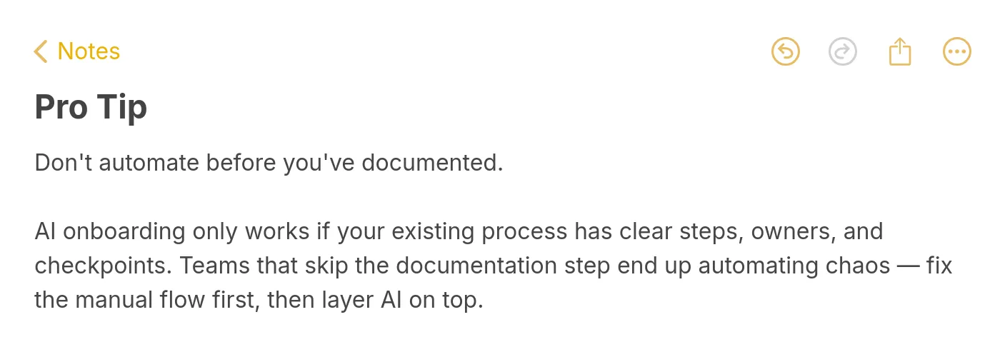 Pro tip note explaining that you should not automate before you document because AI onboarding only works if your existing process has clear steps and checkpoints